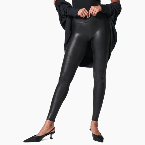 Spanx Faux Leather Compression Leggings in Black Shimmer Shine Size M PETITE - Picture 1 of 6
